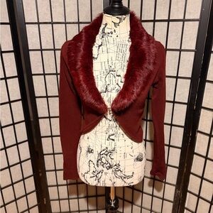 Xoxo Vintage Bolero Burgundy Rabbit Fur Trim Cardigan crop eye wine